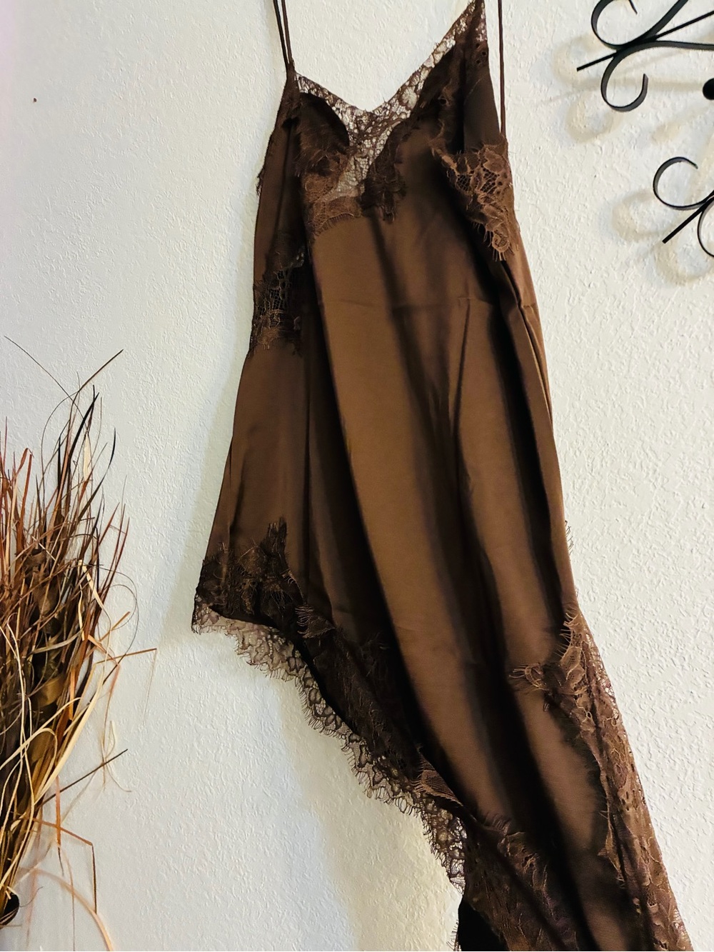 Brown Lace Trim Slip Dress